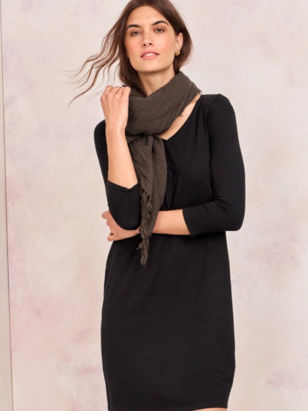 Eileen Fisher 3/4 Sleeve Stretch Black Dress Size L Office Minimalist